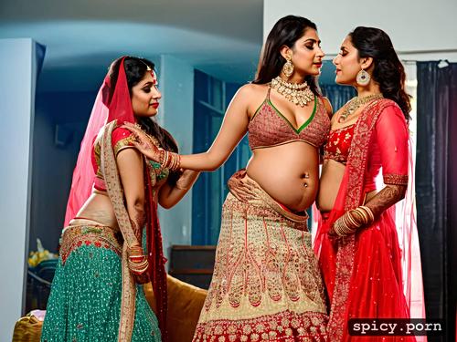 realistic, belly, full frame, colourful image, two indian brides