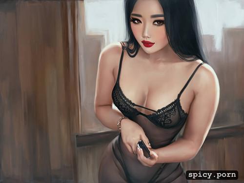 black see through lingerie, asian, selfie, long black hair, high definition