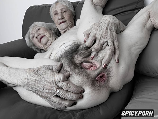 grey hair, couch, ancient granny, spreading hairy pussy, indoors