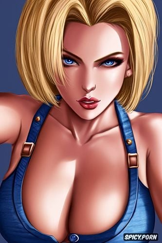 ultra detailed, ultra realistic, 8k shot on canon dslr, android 18 dragon ball z beautiful face full lips no top jean jacket tits out