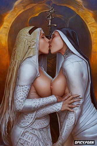 very slim, nun kissing nun, athletic body, charcoal, deamon rising behind unknown to them