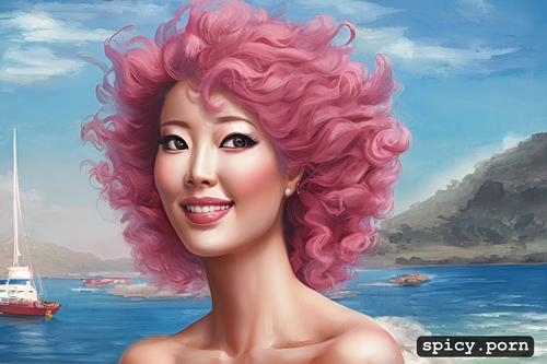 80s, centered, 30 years old, curly hair, japanese lady, pastel colors