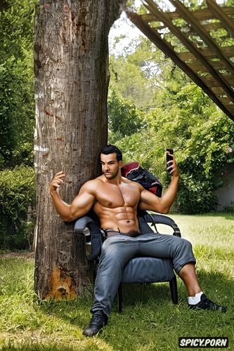macho, hairy chest, guy, muscular, arms up, full body view, male