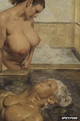 touching breasts tiled bathing, taking a bath, intimate tender lips