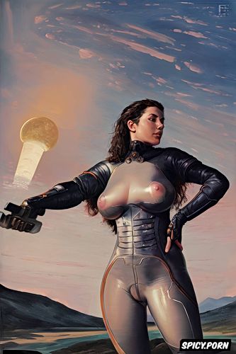 low angle shot, female officer, space age, pink nipples, lunar landscape