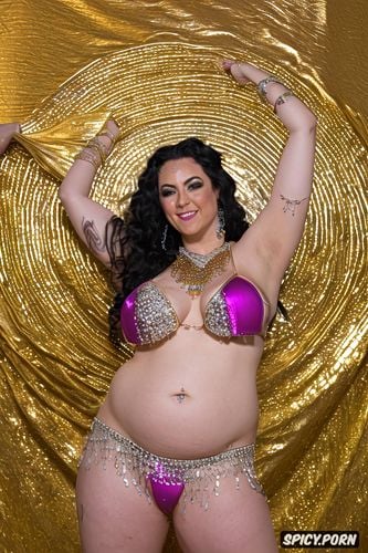 massive saggy melons, gold and silver and colorful jewelry, extremely long wavy dark hair