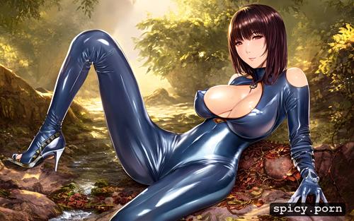 small breasts, latexsuit, realistic face, two legs, pretty hot waifu