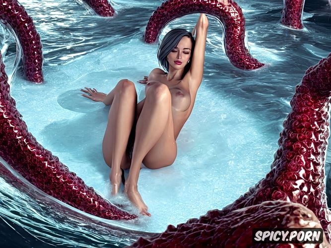 small waist, innocent cute college woman nude, realistic, being fucked by clear tentacles