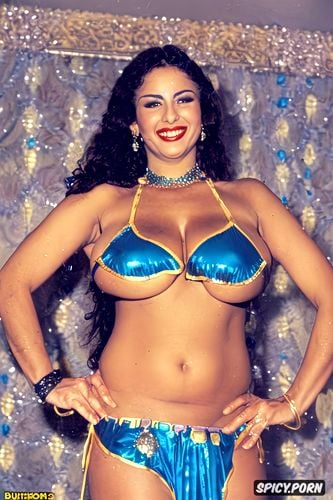 front view, gigantic natural boobs, color photo, busty1 8, elegant1 5 bellydance costume with matching jeweled bikini top