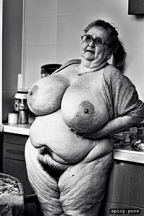 80yo, obese british granny, standing in kitchen, ponytail, heavy pubic hair