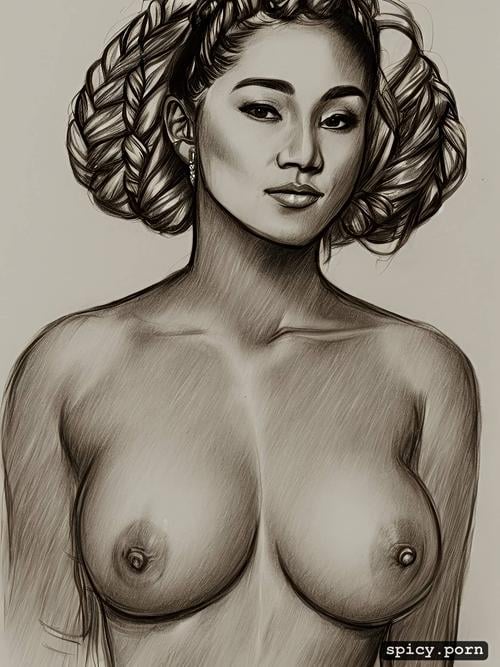 by willyspencil, no bra, corded collar, full head visible, pencil drawing