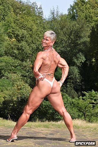 open legs, short hair, slim fit petite body, laughing, bodybuilder