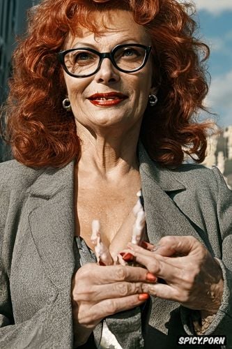 sophia loren, wild hair half gray, naked granny, big glasses in massive frame