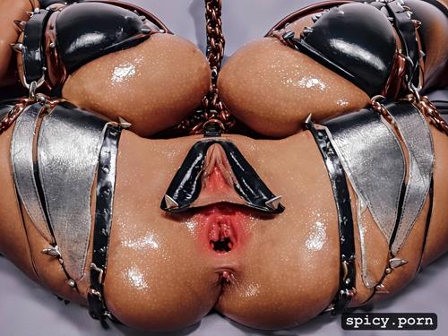 high resolution, detailed realistic ass, oiled muscular nigerian woman squatting down showing her big ring pierced pussy wearing in oiled heavy leather harness and heavy chains huge enormous boobs