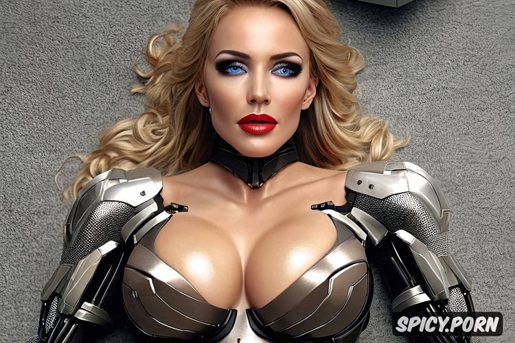 metallic body, full body view, sexbot, sexy blonde robot, huge tits