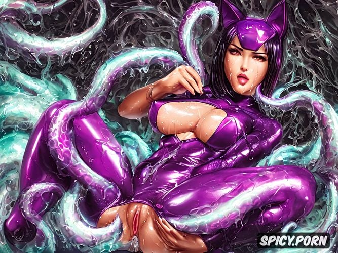 lying on a mass of oozing purple tentacles in a tentacle monsters lair pussy and ass spread and fucked and attacked brutally by many oozing purple tentacles