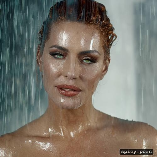realistic, dramatic, joanna cassidy taking a shower, wet body and wet hair