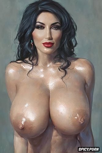 very huge natural breast, from the head to mid thighs portrait