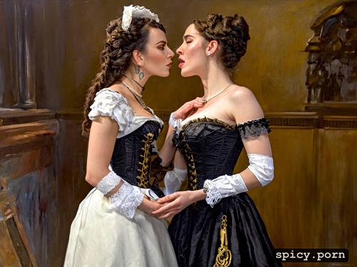 lesbian humping, panting, freckles, seduce lesbian servant maid