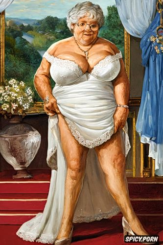 the fat grandmother has nude pussy under her wedding skirt