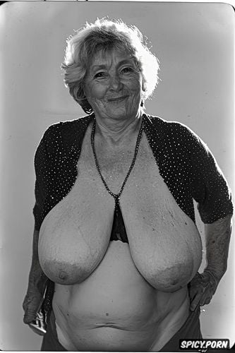 perfect face, granny, portrait, enormous saggy breasts, sixty of age