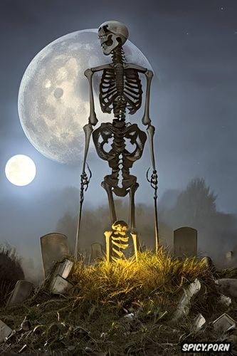 haunted graveyard at night, complete, scary glowing walking human skeleton