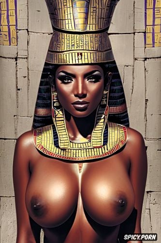 tits out, portrait muscles, femal pharaoh ancient egypt egyptian pyramids pharoah crown royal robes beautiful face milf topless