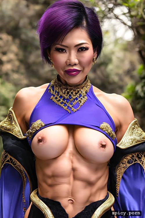 purple hair, makeup, little boobs, comprehensive cinematic, muscular body