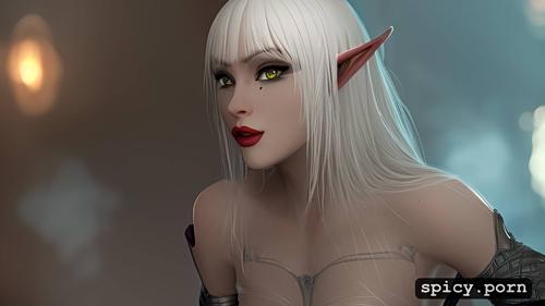 medium boobs, perfect slim albino female elf, realistic, long straight white hair