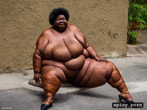 ugly ebony, legs wide spread, love handles, freckles, cellulite