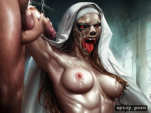 slave chained up, scared, monster, nun, dark out outside, gangbang