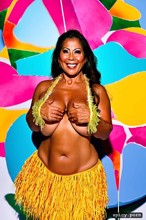 68 yo beautiful hawaiian hula dancer, color portrait, performing on stage