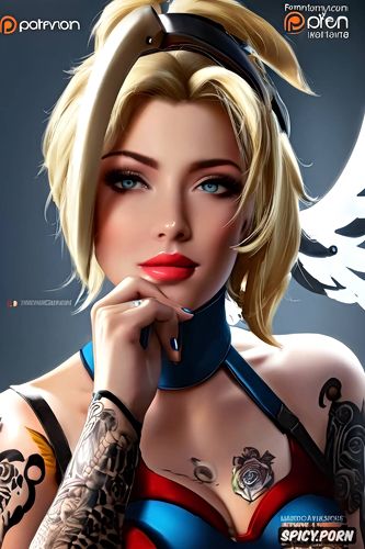 topless, tattoos, high resolution, ultra realistic, mercy overwatch beautiful face full body shot