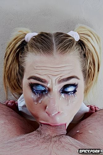 messy cum face, big eyes, vibrant colours, kneeling, pulling braided pigtails