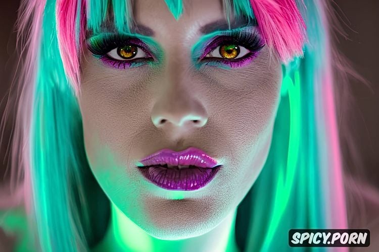looking at camera, pale blue white skin, neon rainbow hair, young women face