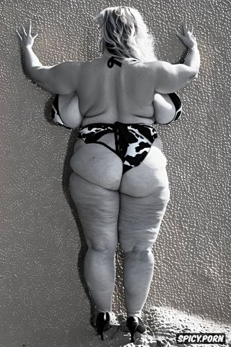 curvaceous buttocks tightly hugged by a cow print sling bikini the fabric stretched gently over her soft