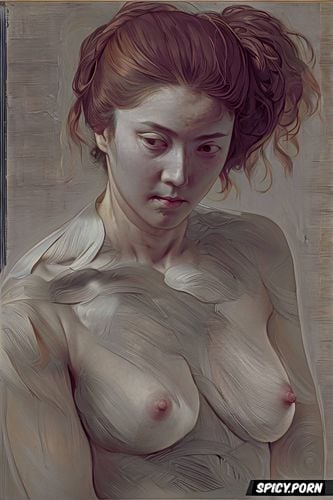 japanese woman nude, rembrandt painting, broad shoulders, strong arms