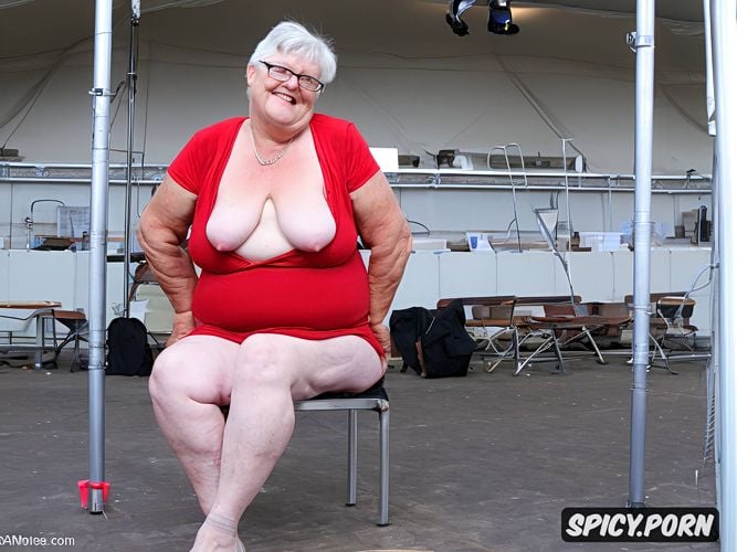 cellulite, she spread wide legs, big old woman, ssbbw, frontal view from a distance that covers the whole body
