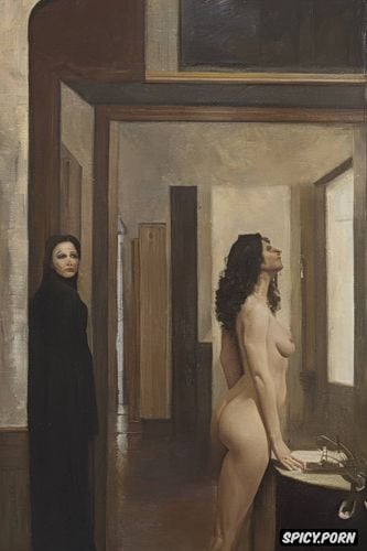 ominous atmosphere, carravagio oil painting, man gropes saggy wrinkled tits