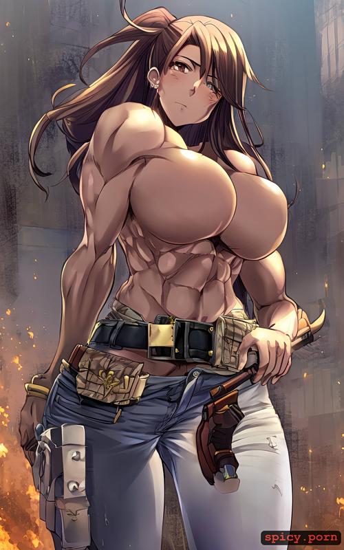 topless, style anime, belt around waist, correct anatomy, muscular woman