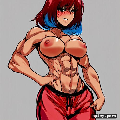 no top, boxer, medium breasts, topless, colorful, short red hair