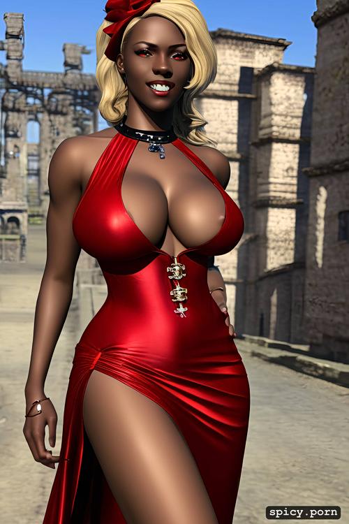 black, nipple slip, smiling, breasts exposed, wearing a red dress