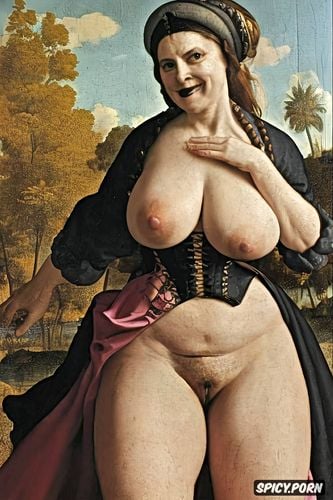 black clothes, victorian style, an evil grin, venous tits, the very old fat grandmother has nude pussy under her skirt