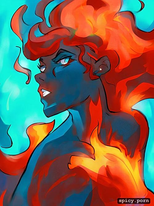 flow, nude, the style of light blue and pink, fiery woman with fire smoke around her