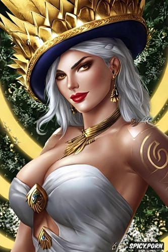 ultra detailed, ultra realistic, ashe overwatch beautiful face milf tattoos flowing low cut white greek robes golden greek wreath crown busty smirking portrait