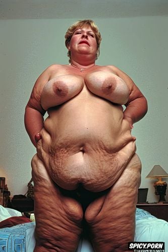 an old fat milf standing naked with obese belly, small shrink boobs