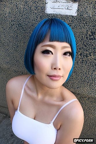 beautiful face, blue hair, showing feet, athletic body, huge tits