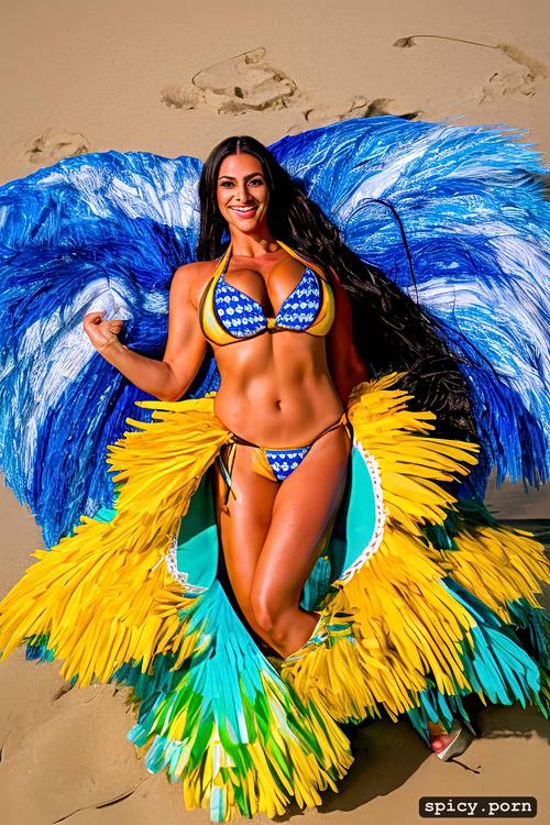 flawless perfect stunning smiling face, 37 yo beautiful performing white rio carnival dancer at copacabana beach