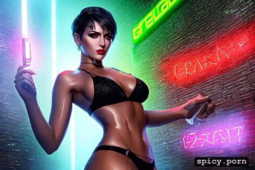 pixie cut, perfect skin, high resolution, neon glow cafe, breasts exposed