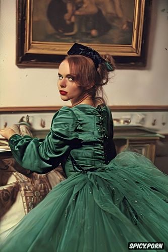 rider dark green velvet dress, looking back, vermeer, panting